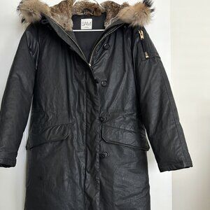SAM Black Down Fur Trimmed Hooded Wax Parka Coat Size S
